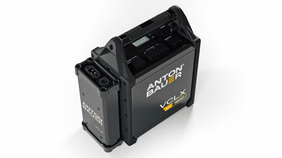 The Anton/Bauer VCLX LI 1600 power input/output ports are at the top of the battery