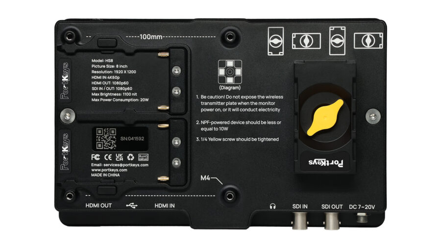 The Portkeys HS8 features a built-in Sony NP-F dummy battery plate with power passthrough