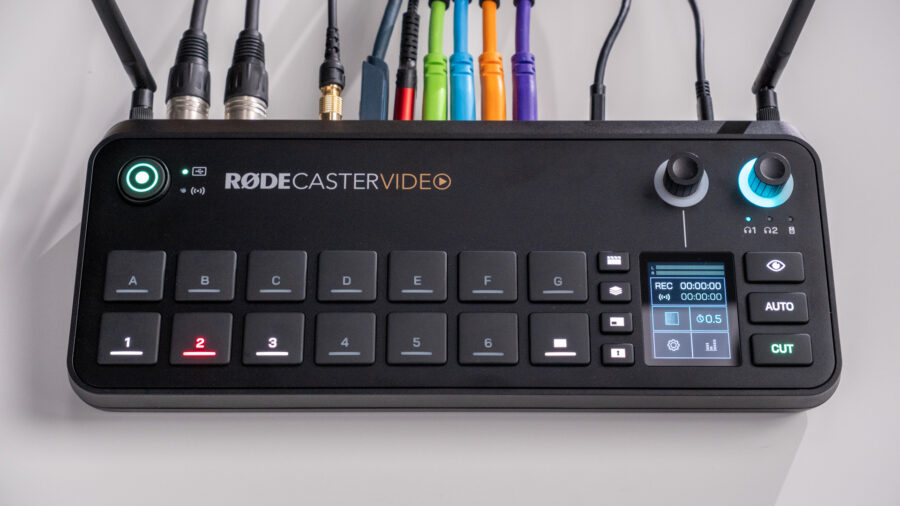 RODECaster Video with cameras, monitors, and microphones plugged in