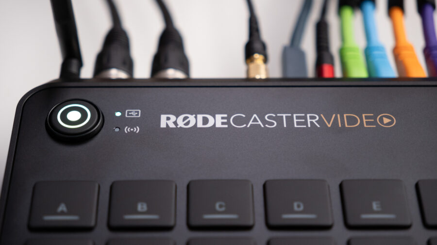 Record button and status lights, next to the RODECaster Video name