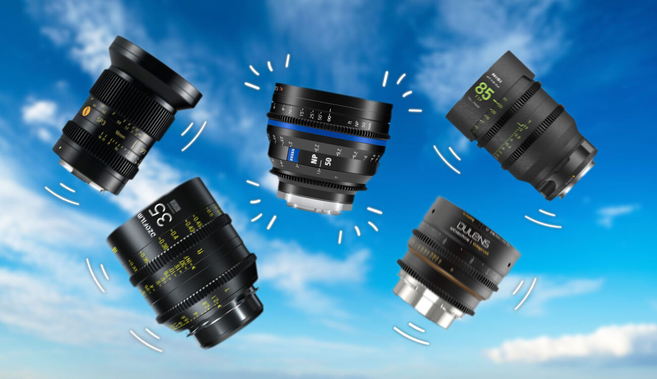 compact cine prime lenses in front of a blue sky