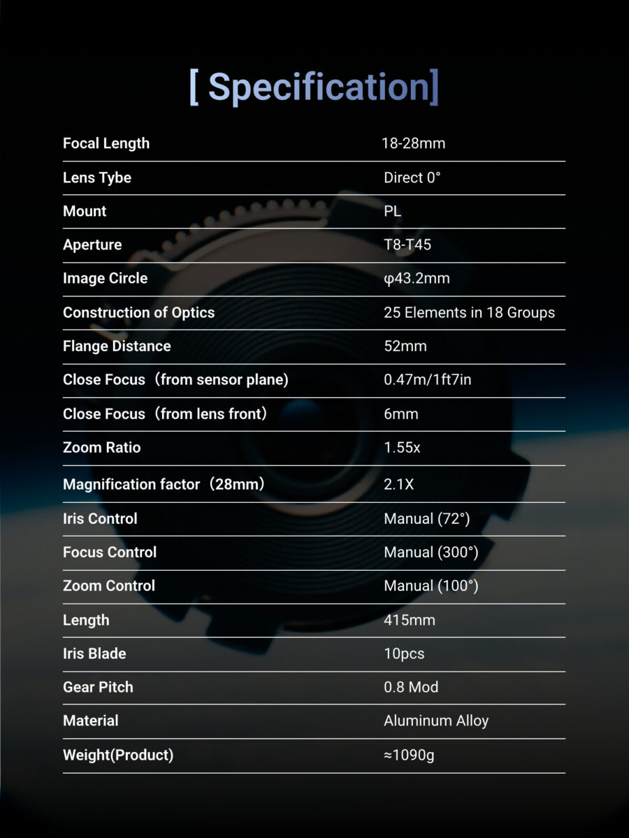 DZOFILM X-Tract probe zoom lens specs